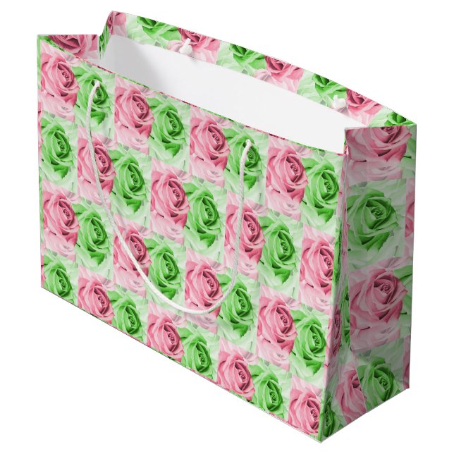 Grand Sac Cadeau Charming Pink & Green Rose Wide Gift Bag (Dos Angle)