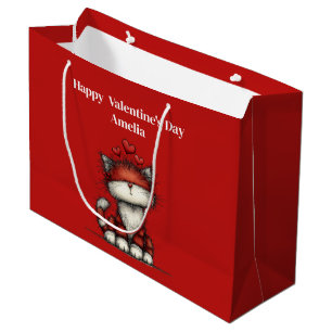 Grand Sac Cadeau Chat avec des cœurs rouges Mignon et amusant pour