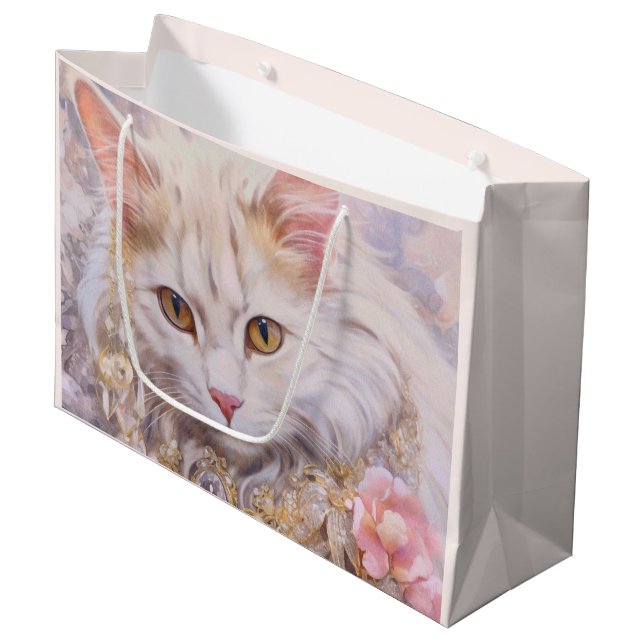 Grand Sac Cadeau Chat blanc élégant en bijoux de luxe (Devant Angle)