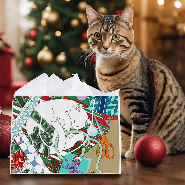 Grand Sac Cadeau Chat de Noël blanc (Créateur téléchargé)