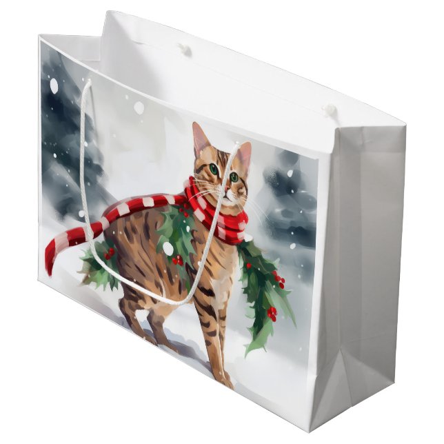 Grand Sac Cadeau Chat du Bengale à Noël de neige (Devant Angle)