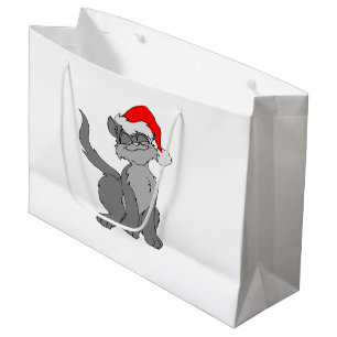 Grand Sac Cadeau Chat du Père Noël avec chapeau de santa rouge