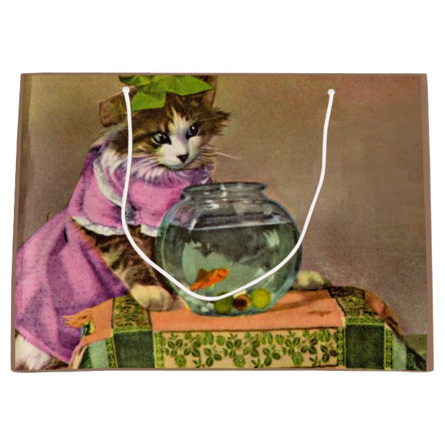 Grand Sac Cadeau chat habillé et bol de poisson (Devant)
