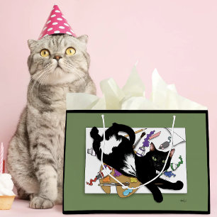 Grand Sac Cadeau Chat noir artiste joueur Peinture Humour Vert