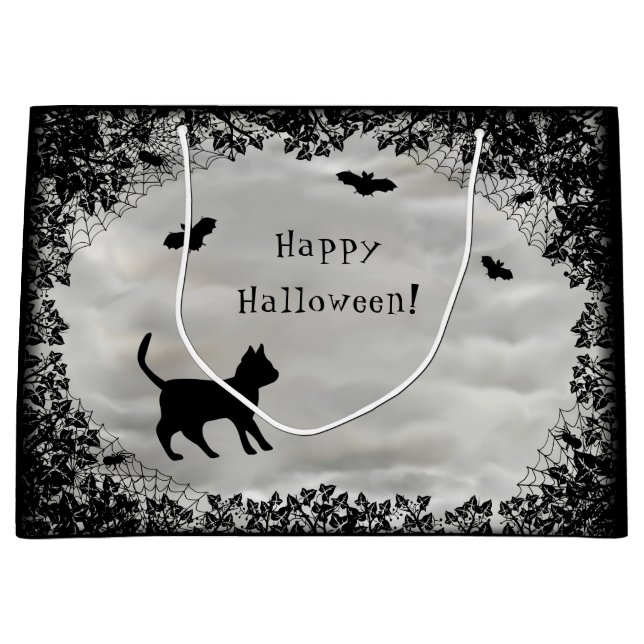Grand Sac Cadeau Chat noir avec chauve-souris, Joyeux Halloween! (Devant)