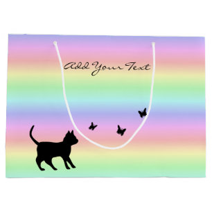 Grand Sac Cadeau Chat noir et papillon sur arc-en-ciel