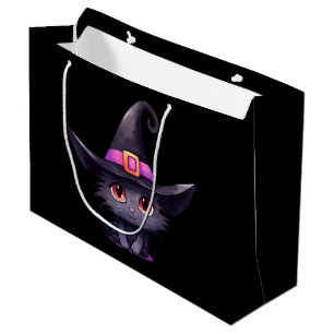 Grand Sac Cadeau Chat noir mignon portant un Casquette de sorcière