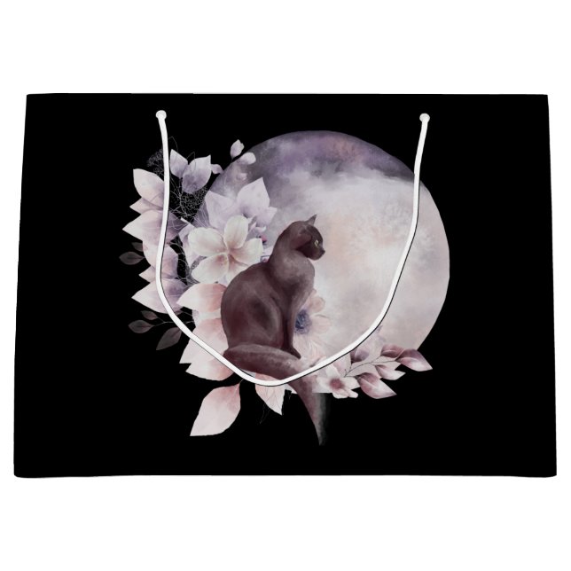 Grand Sac Cadeau Chat noir par une Pleine lune magique (Devant)