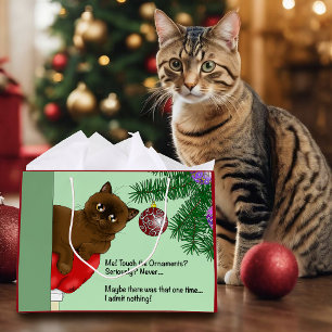 Grand Sac Cadeau Chat ornement de Noël marron