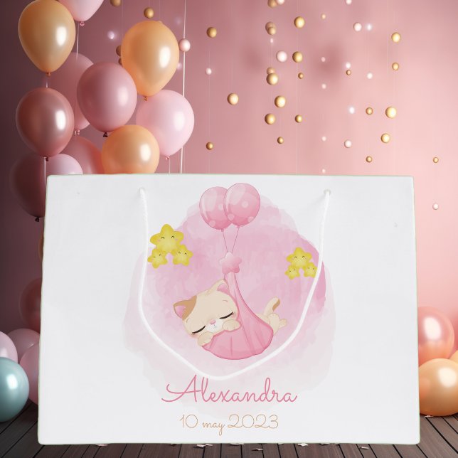 Grand Sac Cadeau Chat rose bébé personnalisé Nom et date personnali (Créateur téléchargé)