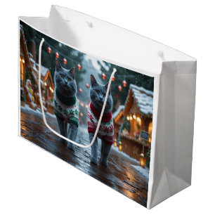 Grand Sac Cadeau Chats Bleus Russes Noël Neige Vacances 