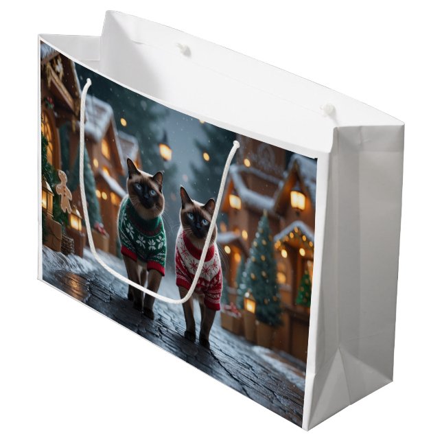 Grand Sac Cadeau Chats siamois Noël Neige Fêtes (Devant Angle)