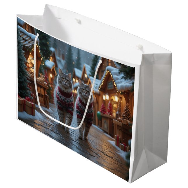 Grand Sac Cadeau Chats sibériens Noël Neige Fêtes (Devant Angle)