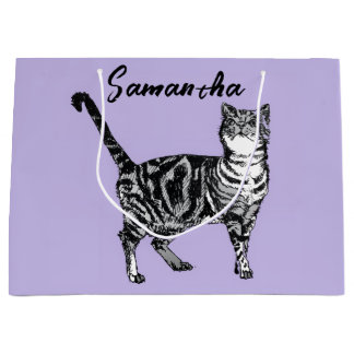 Grand Sac Cadeau Chatte tigrée noire et blanche Nom Violet 