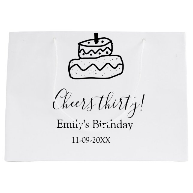 Grand Sac Cadeau Cheers thirty birthday cake black scribble hand (Devant)