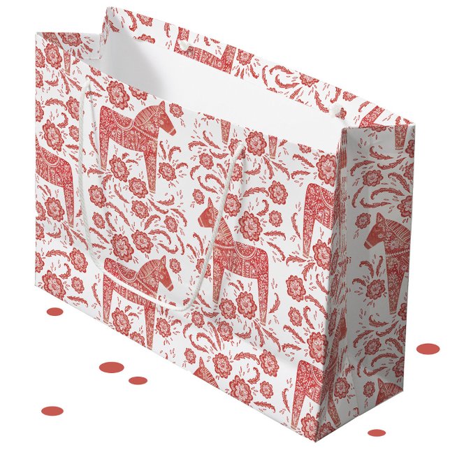 Grand Sac Cadeau Cheval de Dala suédois Rouge et blanc (Red and white Swedish Dala horse pattern large gift bag)