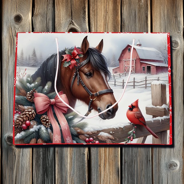Grand Sac Cadeau Cheval de Noël Brown et cardinal (Créateur téléchargé)