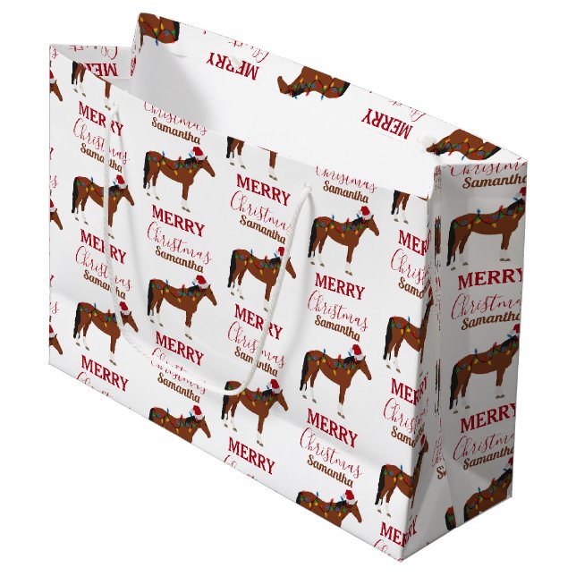 Grand Sac Cadeau Cheval de Noël Santa Chapeau Noël Lumières (Devant Angle)