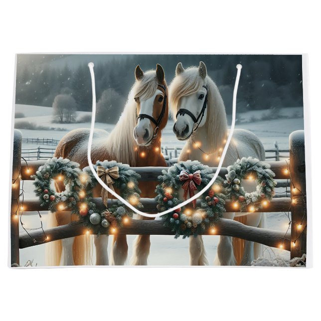 Grand Sac Cadeau Chevaux de fête et lumières de Noël (Devant)