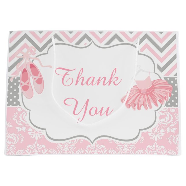 Grand Sac Cadeau Chevron rose et gris Ballerina Anniversaire Thanky (Devant)