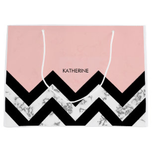 Grand Sac Cadeau Chevrons noirs blancs et roses