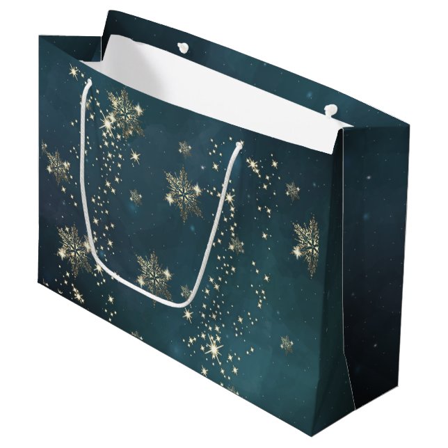 Grand Sac Cadeau Chic Gold Snowflakes Green (Devant Angle)