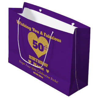 Grand Sac Cadeau Chic Purple & Gold Parties scintillant Coeurs 50e
