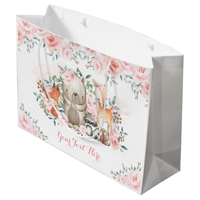 Grand Sac Cadeau Chic Rose Bois Animaux Bébé Fille Anniversaire (Dos Angle)