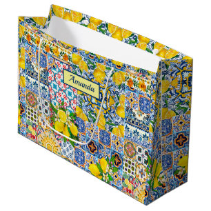 Grand Sac Cadeau Chic Vase Méditerranée carreaux orange