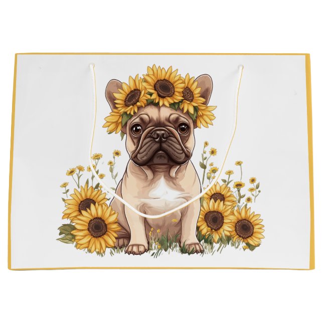 Grand Sac Cadeau Chien À Balle Français Entouré De Tournesols (Devant)