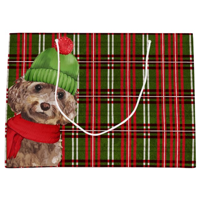 Grand Sac Cadeau Chien de Cockapo Brown à Noël Plaid (Devant)