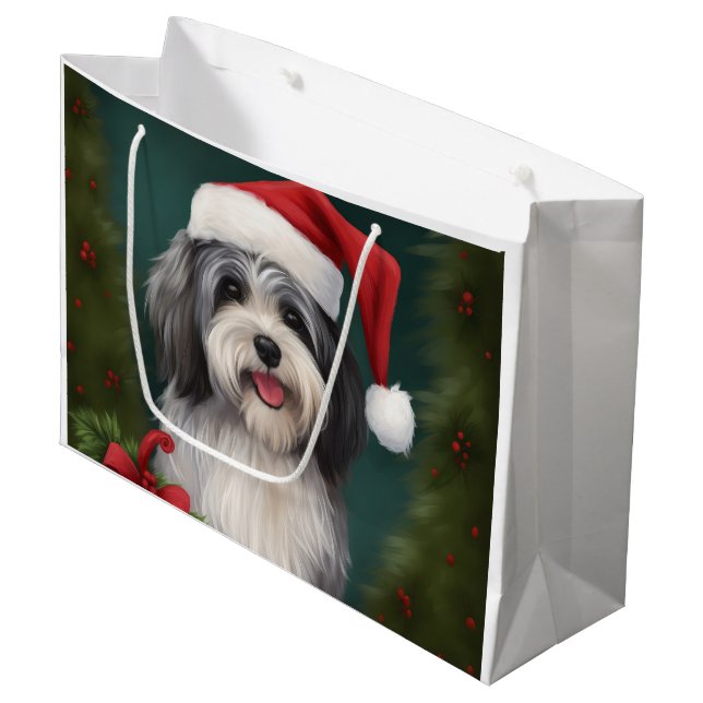 Grand Sac Cadeau Chien Havanais en Noël de neige (Devant Angle)