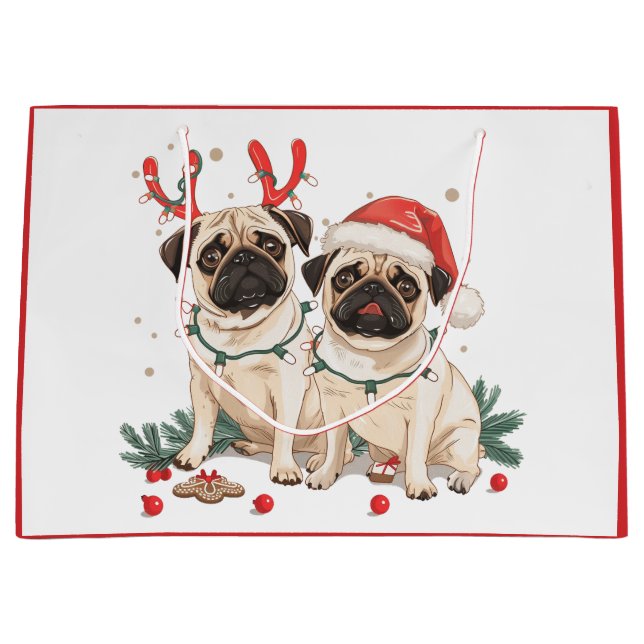 Grand Sac Cadeau Chiens de Carlin de Noël (Devant)