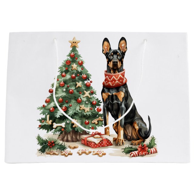 Grand Sac Cadeau Chiens de Noël Dobermann (Devant)