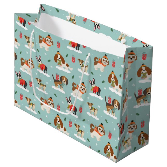 Grand Sac Cadeau Chiens de Noël en Motif d'Écharpes douillettes (Devant Angle)