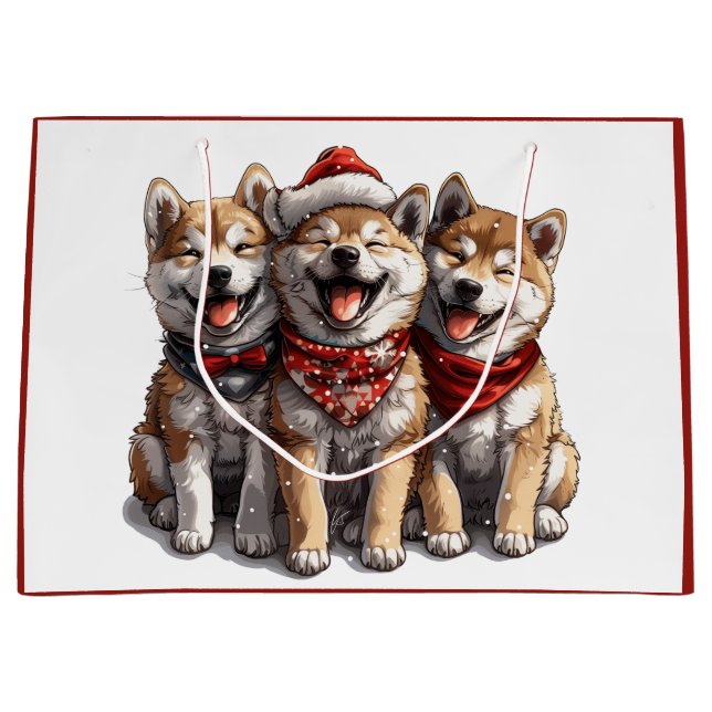 Grand Sac Cadeau Chiens de Noël Shiba Inu Père Noël (Devant)