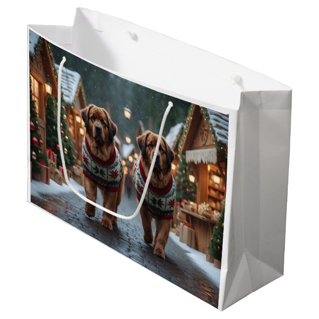 Grand Sac Cadeau Chiens de Terre-Neuve Noël Neige Fêtes (Devant Angle)