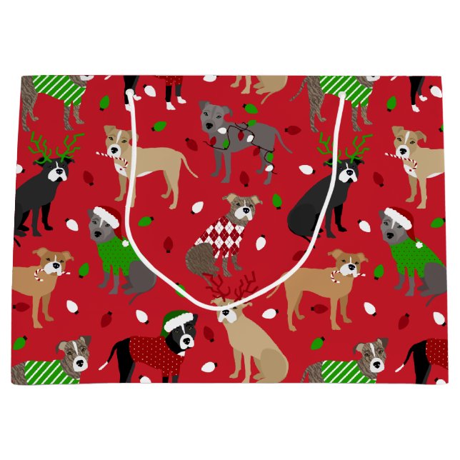 Grand Sac Cadeau Chiens Pitbull de Noël (Devant)