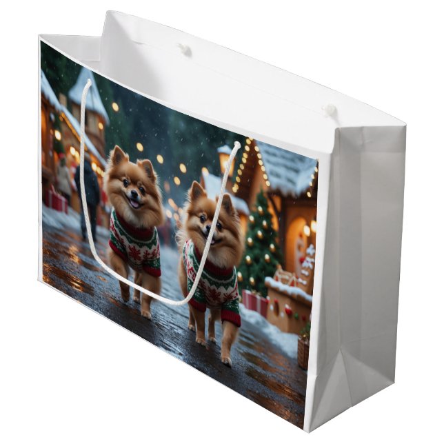 Grand Sac Cadeau Chiens Poméraniens Noël Neige Vacances  (Devant Angle)