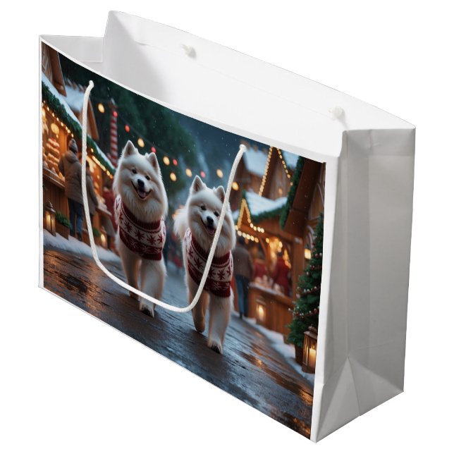 Grand Sac Cadeau Chiens Samoyède Noël Neige Fêtes (Devant Angle)