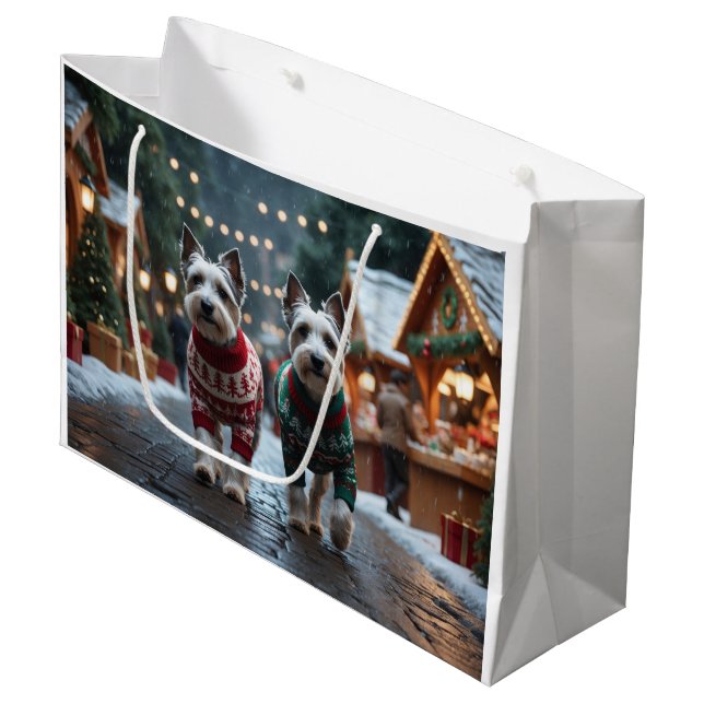 Grand Sac Cadeau Chiens Skye Terrier Noël Neige Fêtes  (Devant Angle)