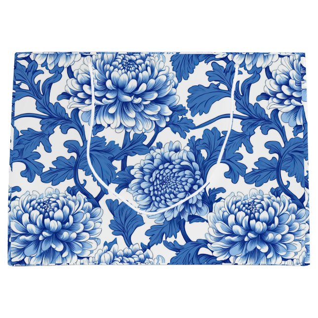 Grand Sac Cadeau Chinoiserie Florale Peony bleu et blanc (Devant)