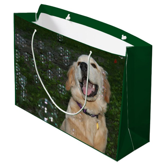 Grand Sac Cadeau Chiot de golden retriever dans les bulles (Dos Angle)