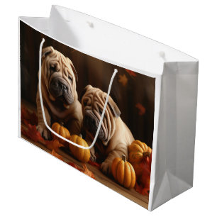 Grand Sac Cadeau Chiots Shar Pei Automne Délice Citrouille