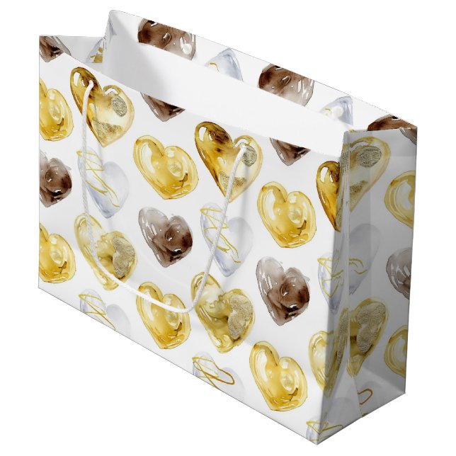 Grand Sac Cadeau Chocolat Or Coeurs blancs Anniversaire (Devant Angle)