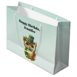 Grand Sac Cadeau Chouette mignonne dans un chapeau vert Anniversair