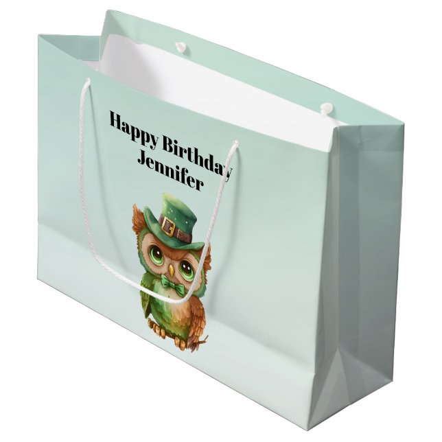 Grand Sac Cadeau Chouette mignonne dans un chapeau vert Anniversair (Devant Angle)