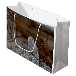 Grand Sac Cadeau Chouette neige assise sur un rocher