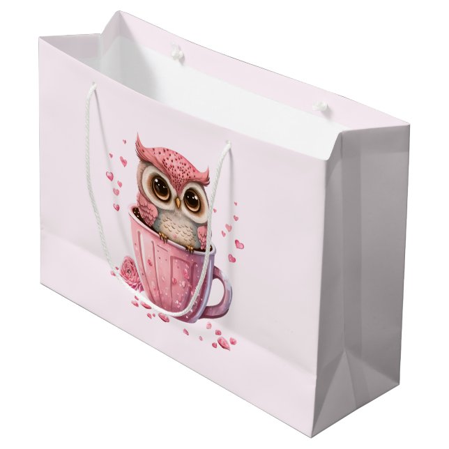 Grand Sac Cadeau Chouette rose mignonne en coupe (Devant Angle)