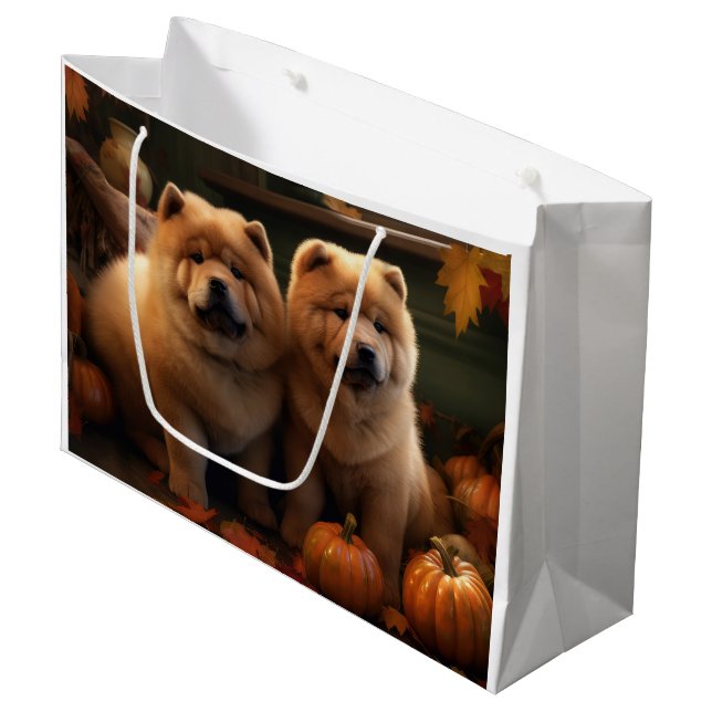Grand Sac Cadeau Chow Chow Chiot Automne Citrouille de plaisir (Devant Angle)